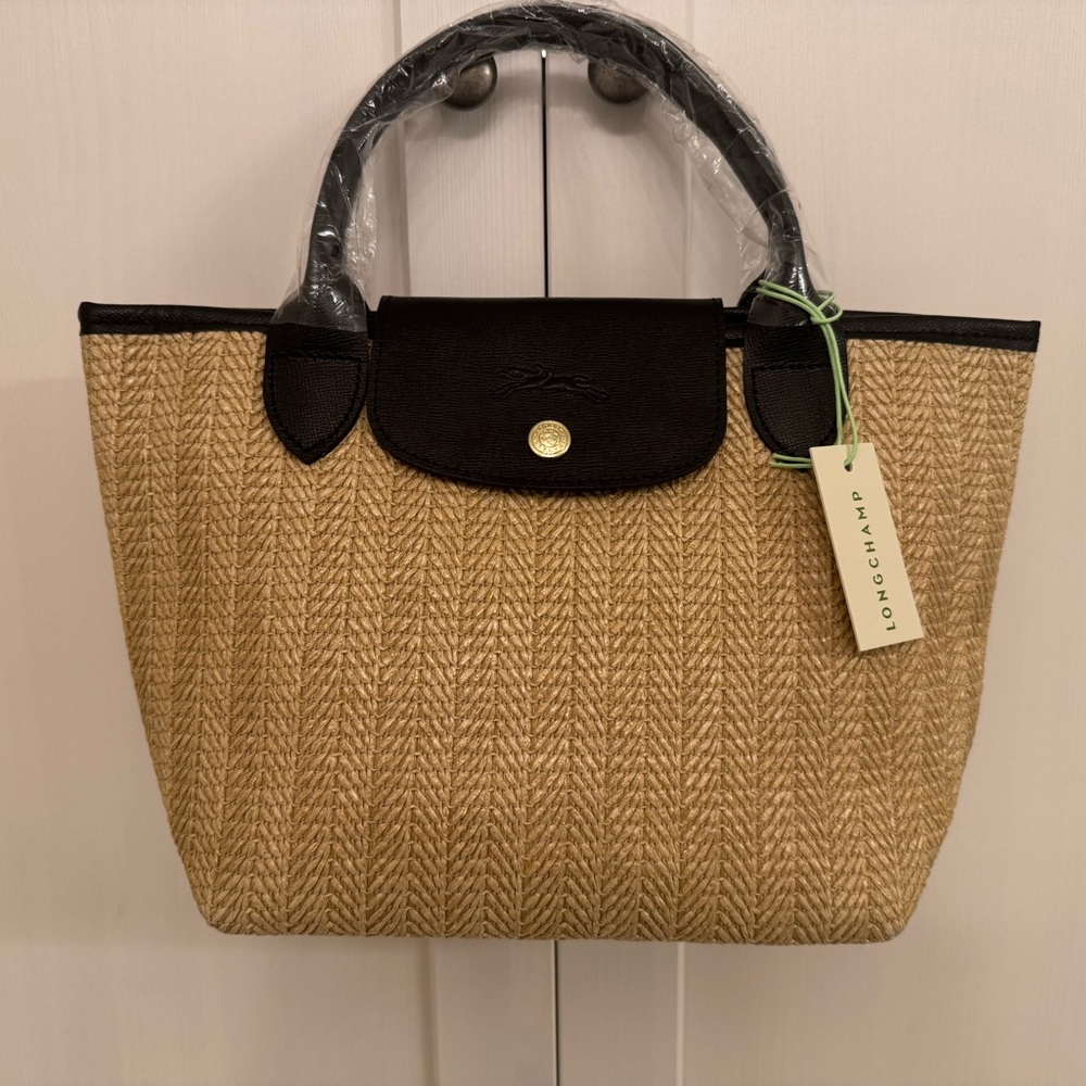 Longchamp Tan and Black Le Pliage Bag with Leather Accents